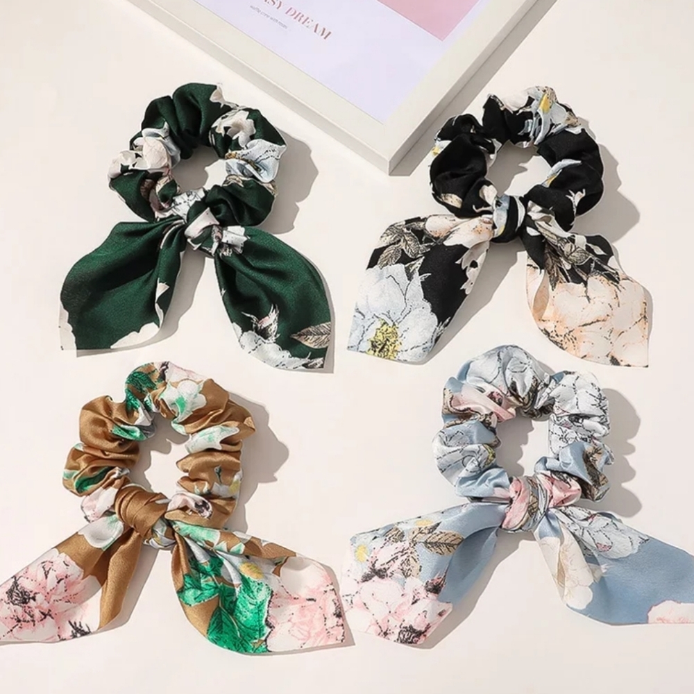 4 Pack Floral Ribbon Scrunchie Hair Bows Ties Women Party Gift Girl Pretty Cute
